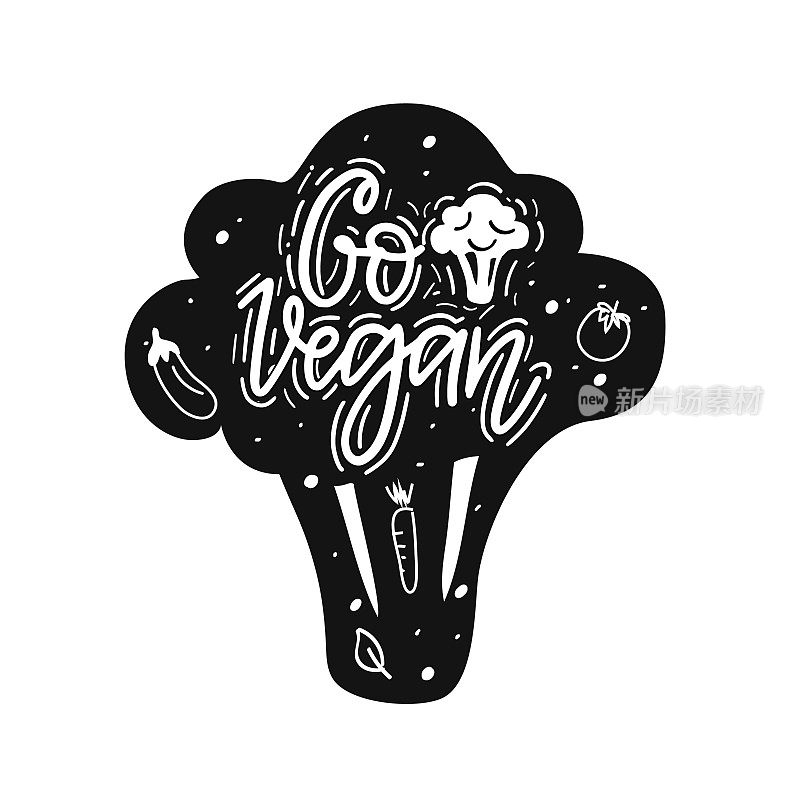 Go vegan fun broccoli vector hand-written lettering calligraphy eco label design